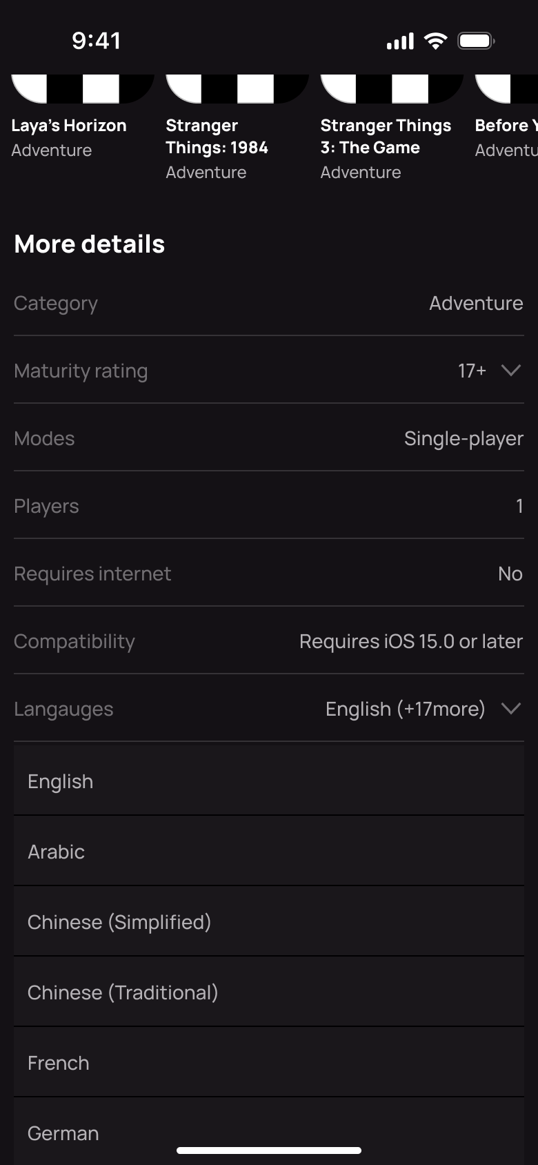 More details with the languages list expanded.