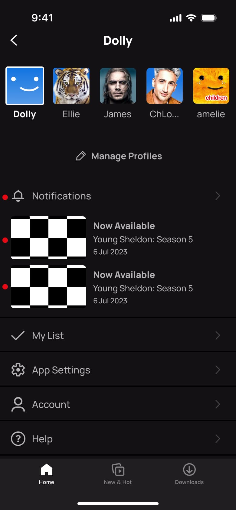 Dolly's profile: profile switcher, notifications preview, My List, app settings, account and help.