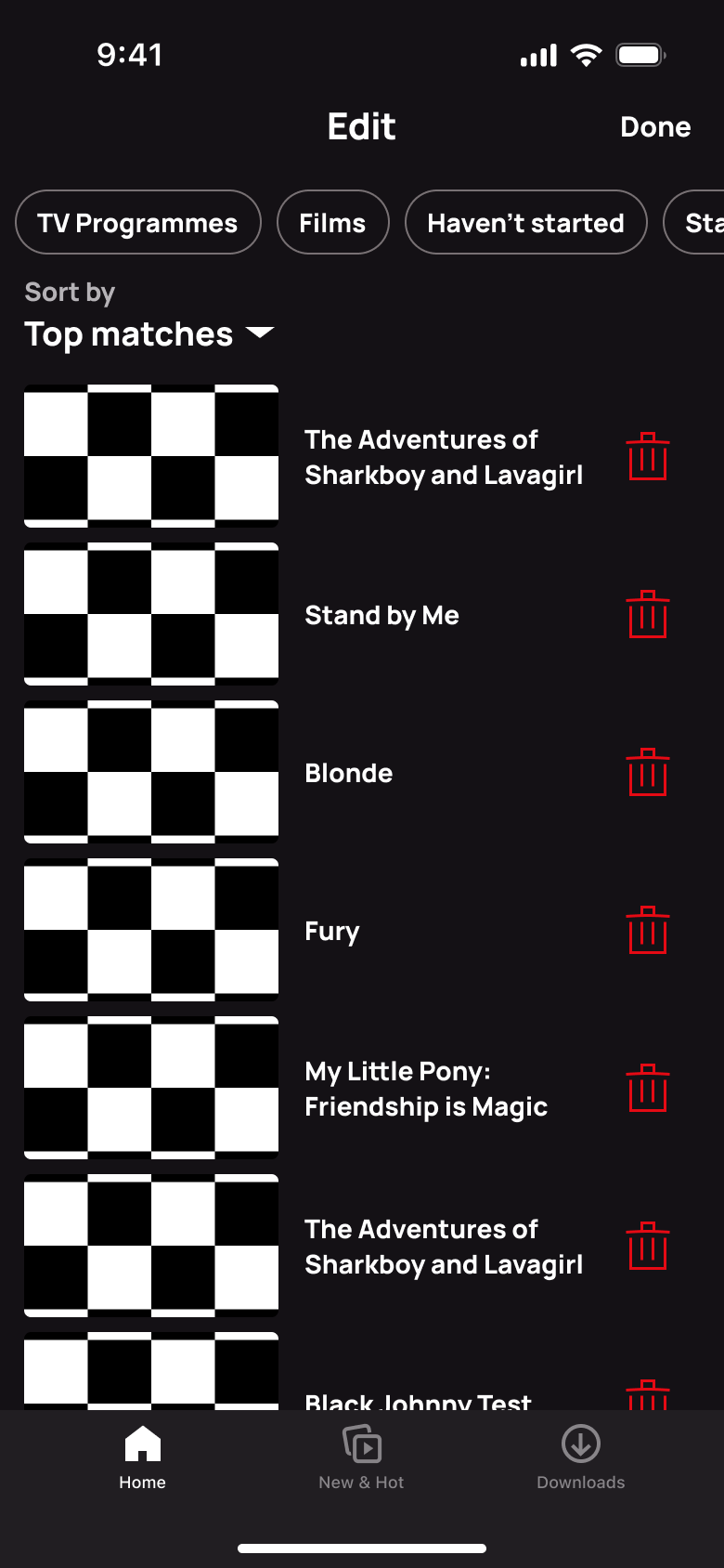 Edit My List with a delete button on every title.