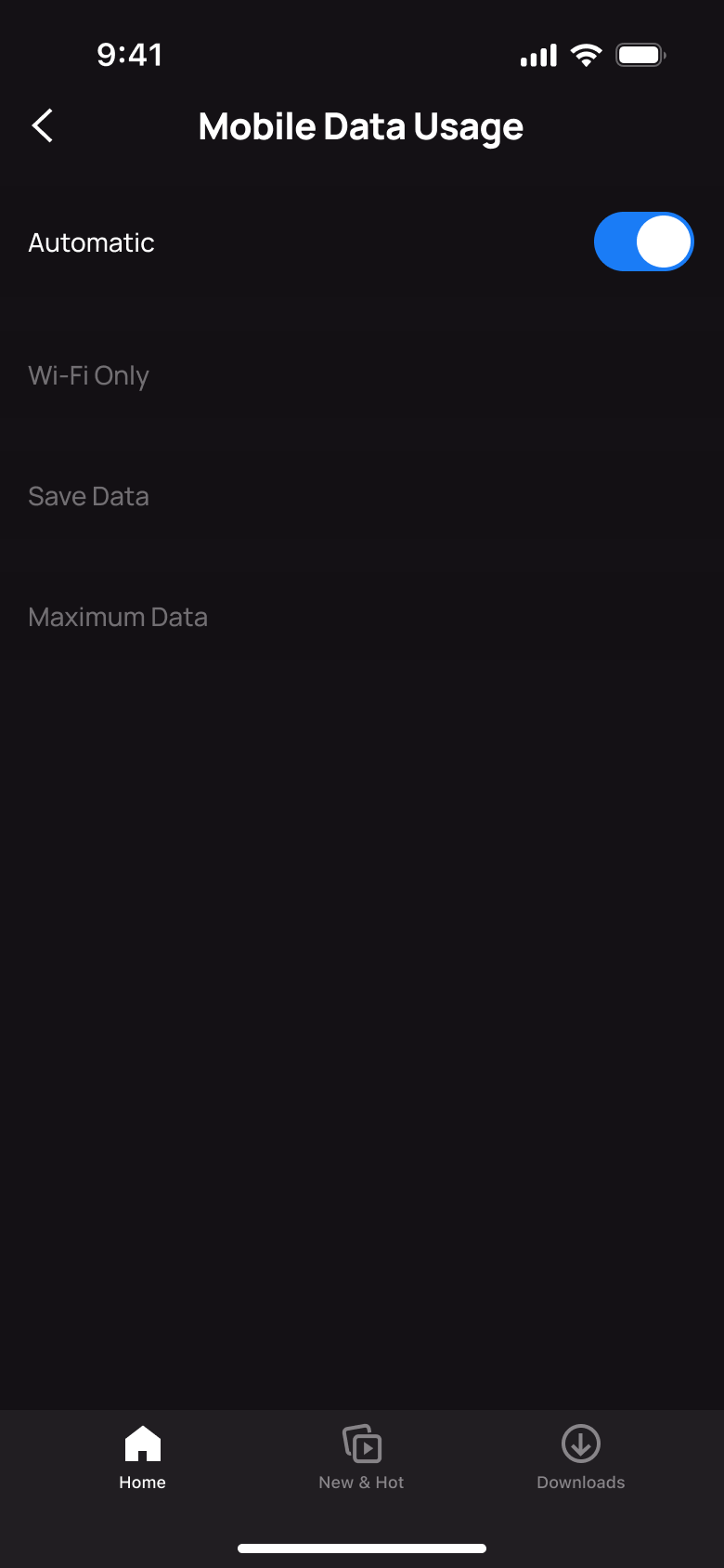 Mobile data usage: automatic on, other options disabled.