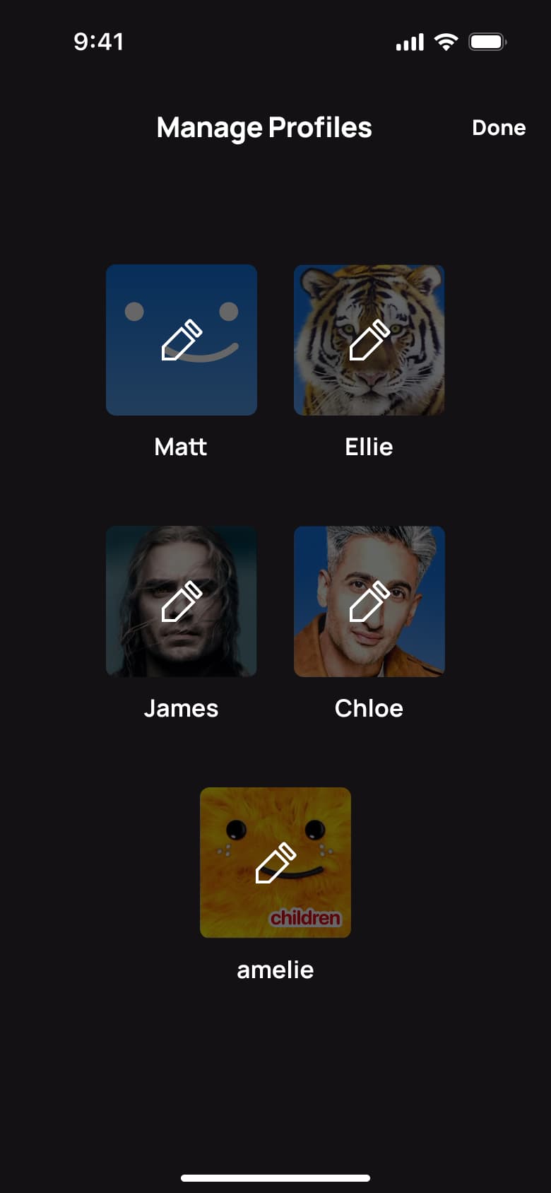 Manage profiles: edit any profile, then Done.
