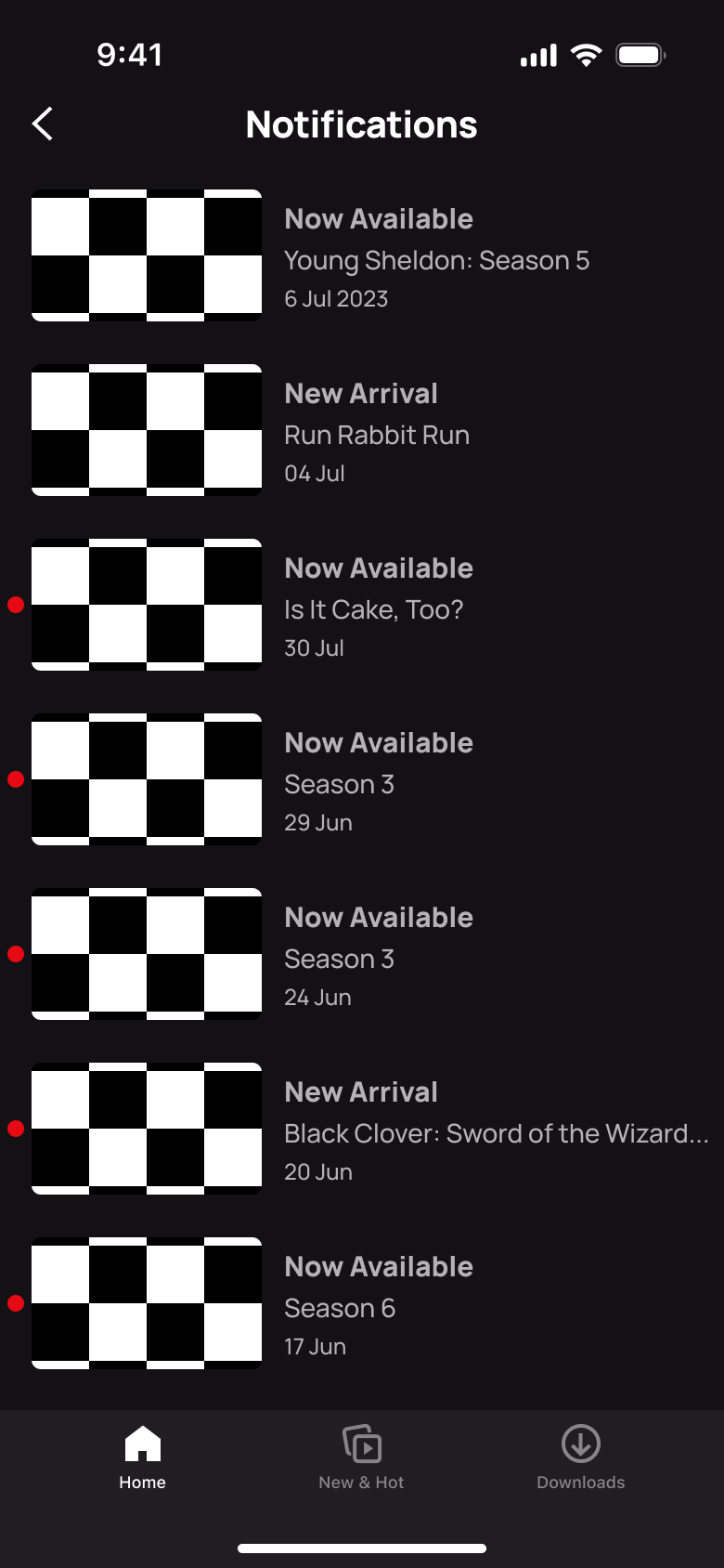Notifications: now available and new arrival titles with dates.