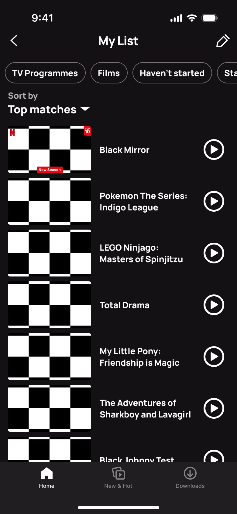 My List: filter chips, sort by top matches and titles with play buttons.