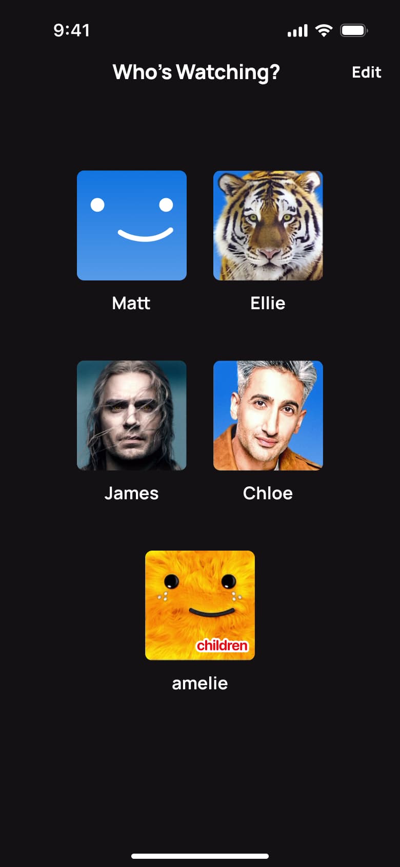 Who's watching profile picker: Matt, Ellie, James, Chloe and a children profile.