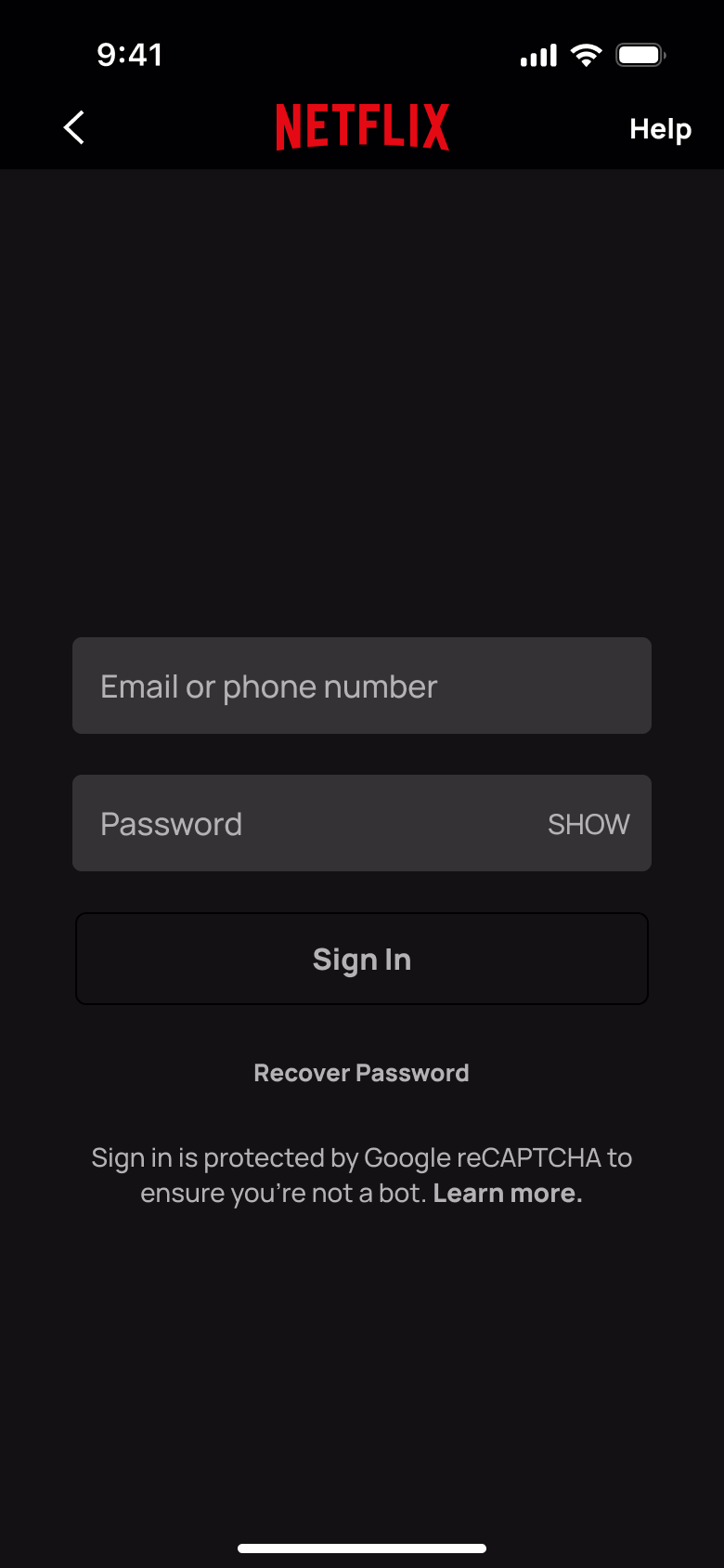Sign in: email or phone, password with show, sign in and recover password.