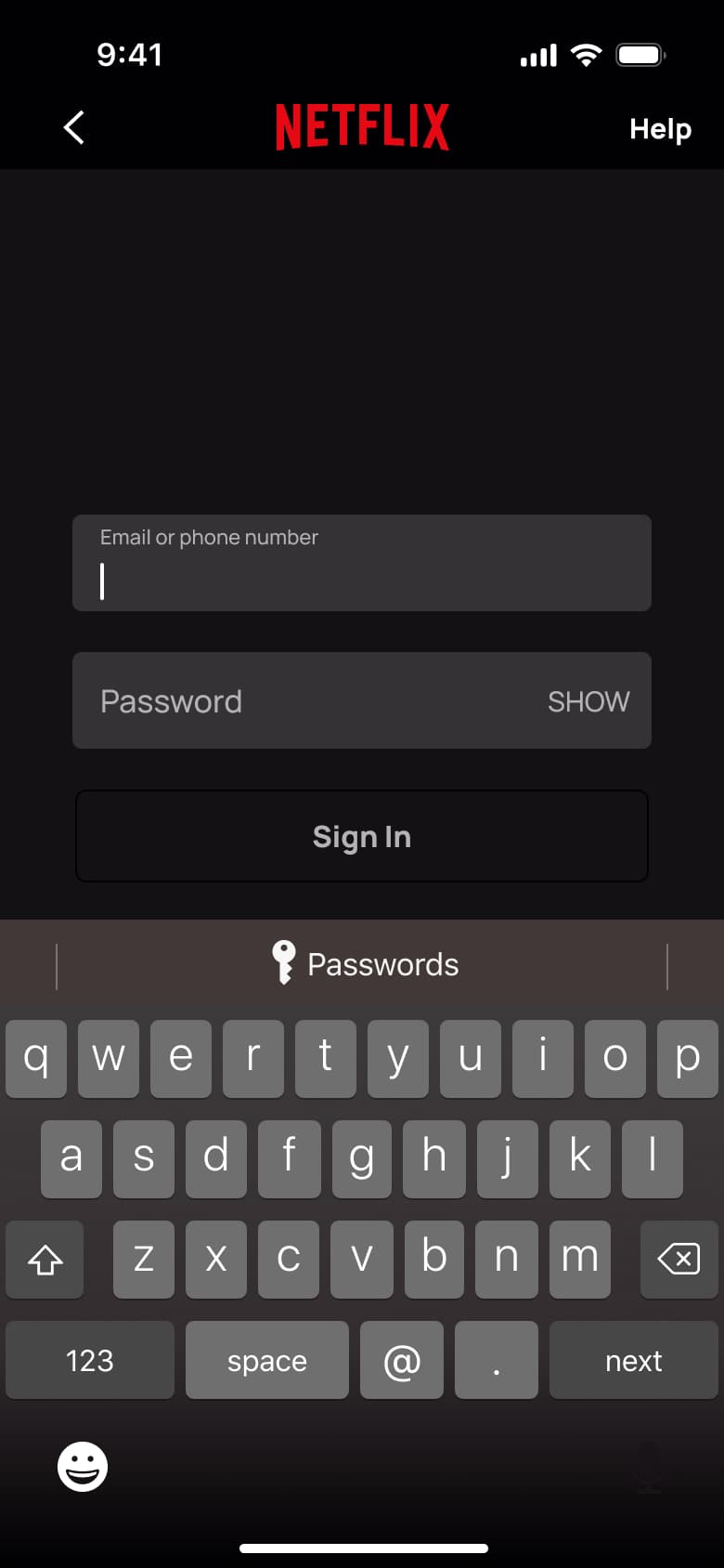 Sign in with the email field focused and keyboard open.