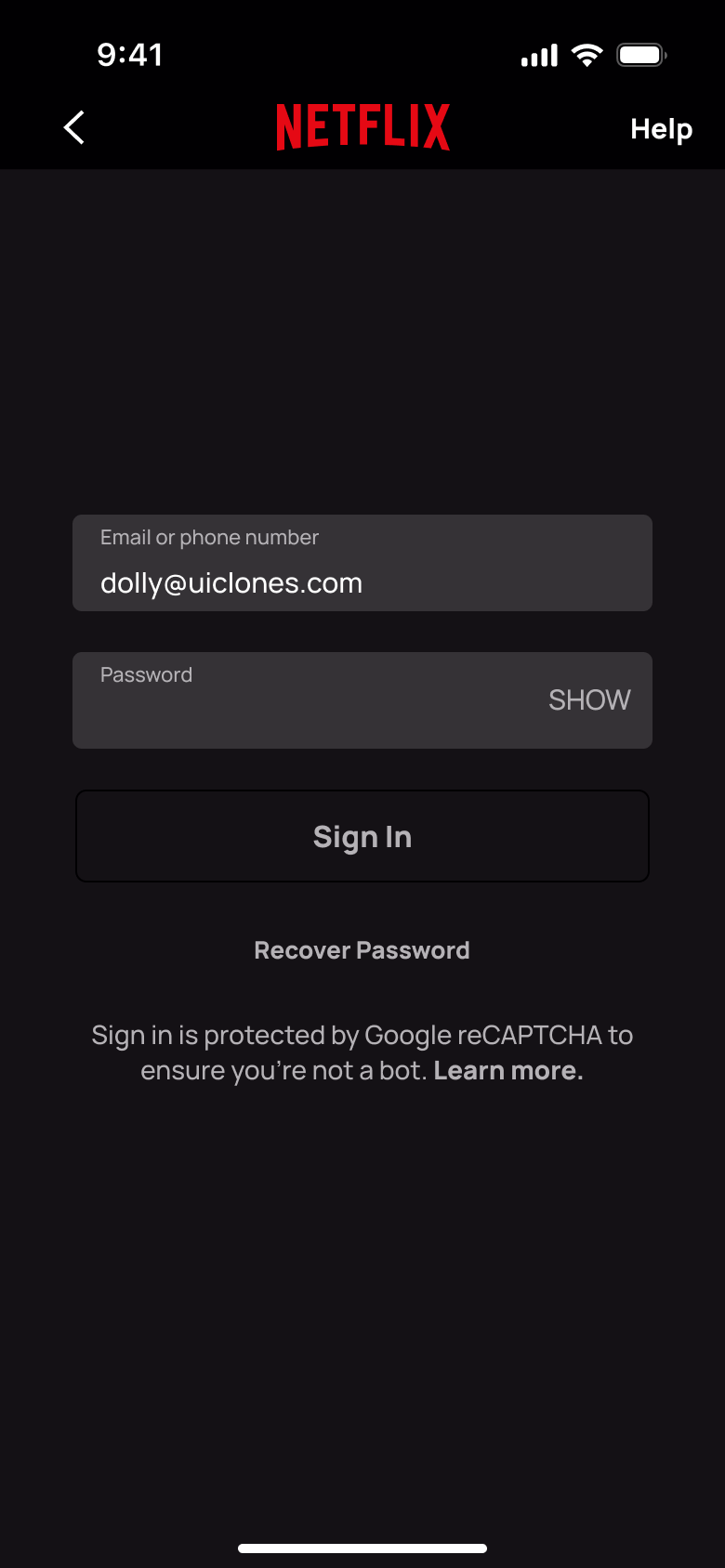 Email entered, password field active, sign in not yet enabled.