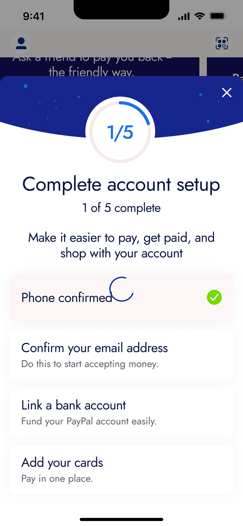 Complete account setup checklist loading.