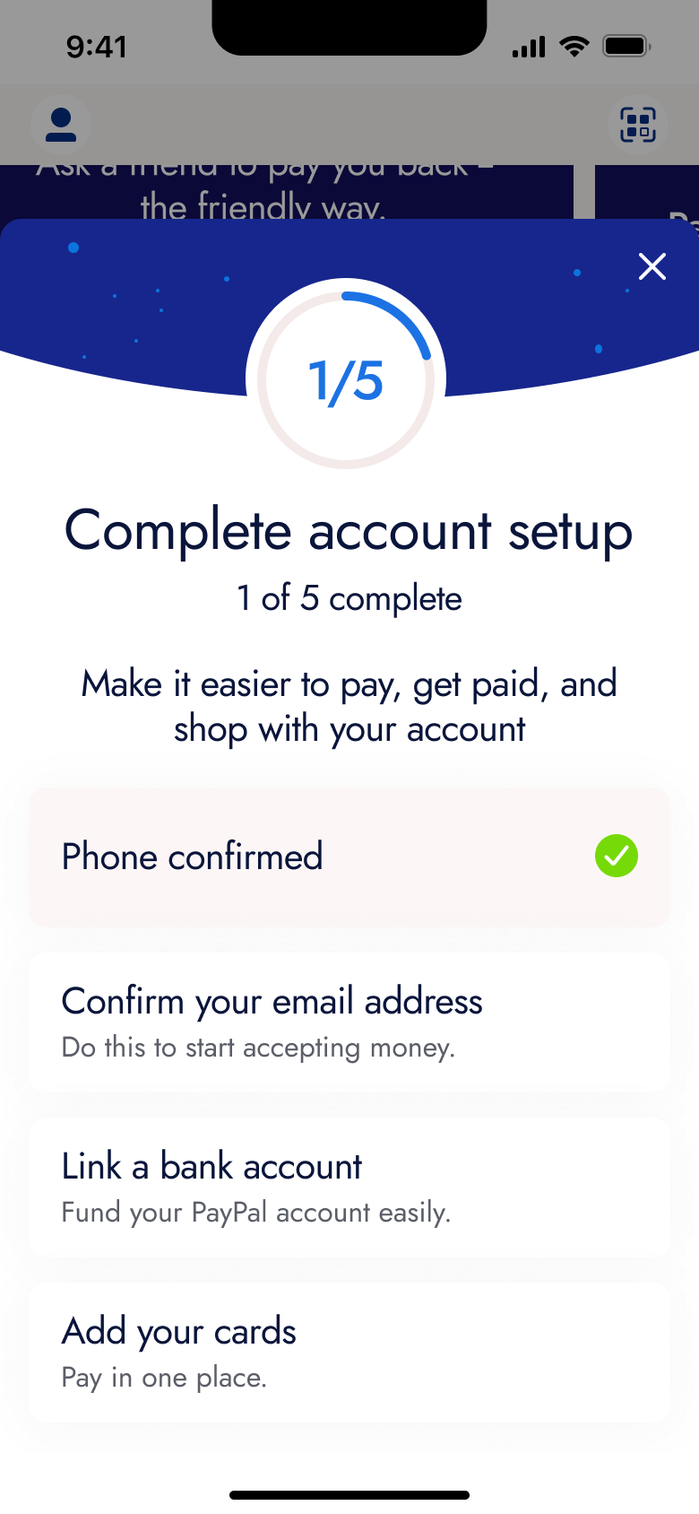 PayPal flow, step 1: account setup 1 2