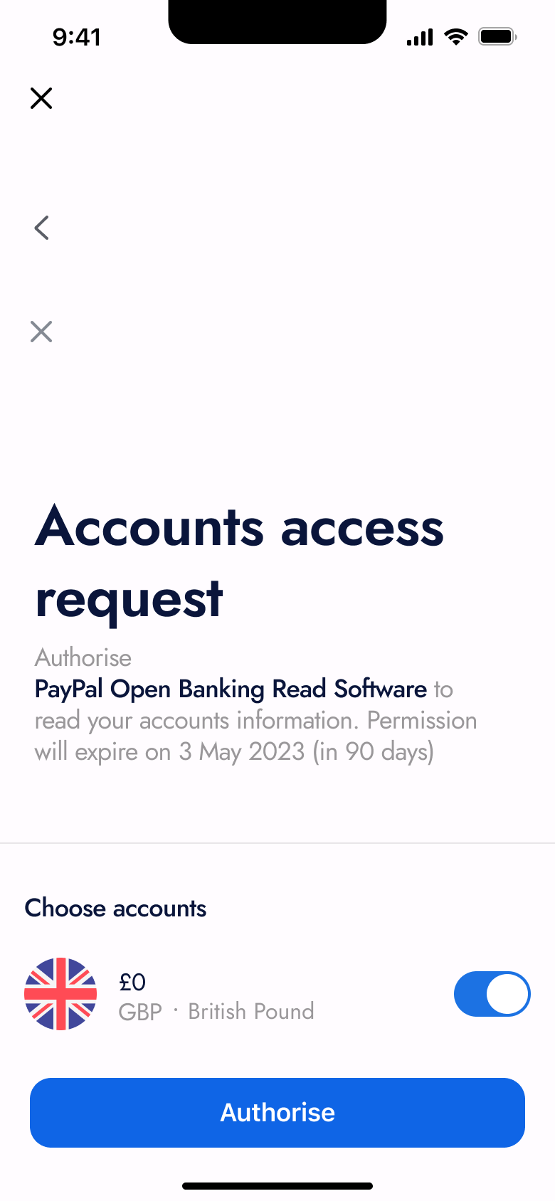 Accounts access request: authorise read access with account toggle.