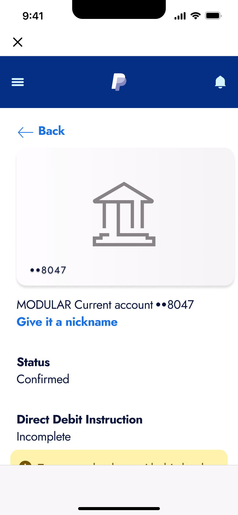 Linked bank account detail in web view with menu.