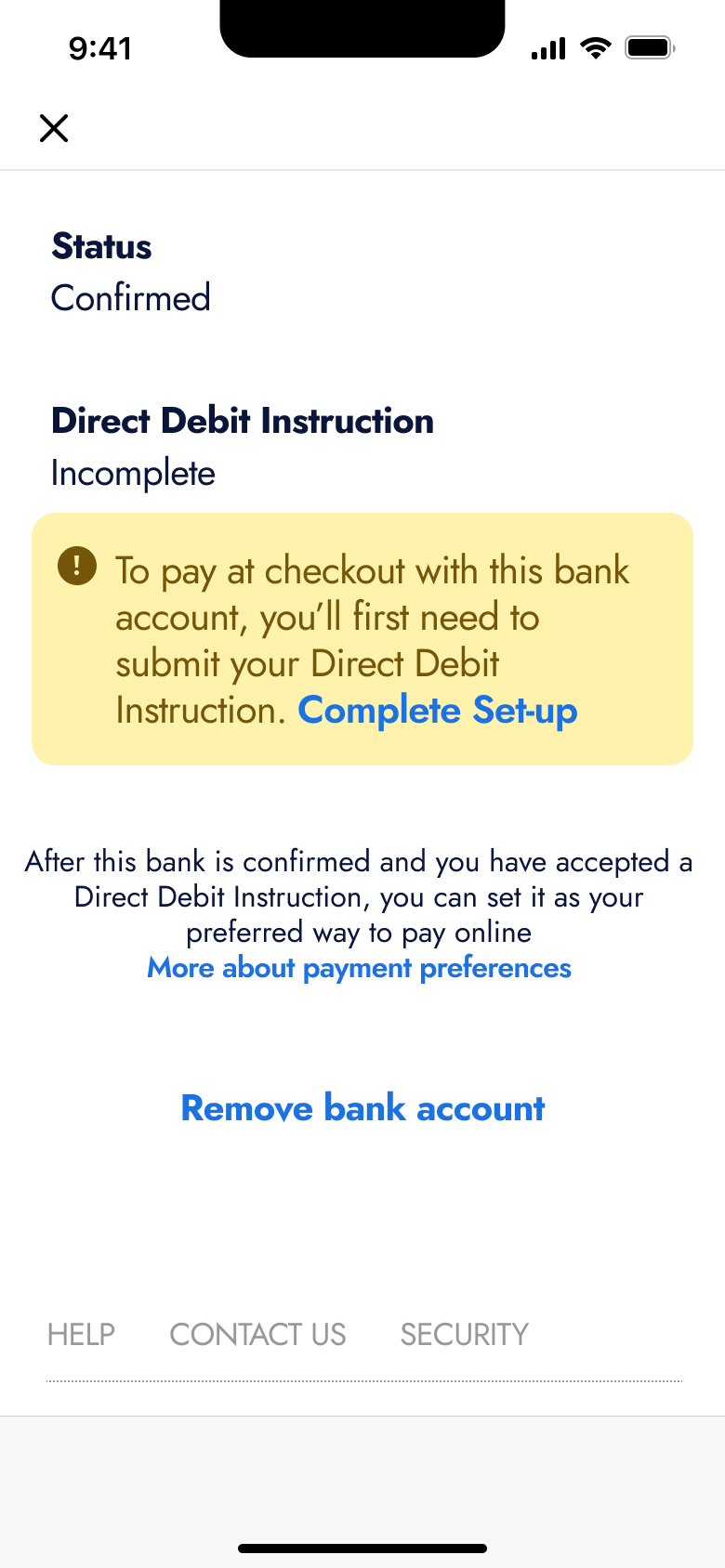 Linked bank status confirmed, direct debit incomplete with complete set-up link.