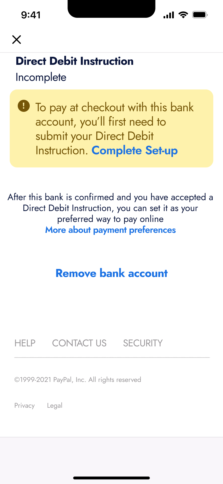 Linked bank detail scrolled: direct debit incomplete warning and remove bank account.
