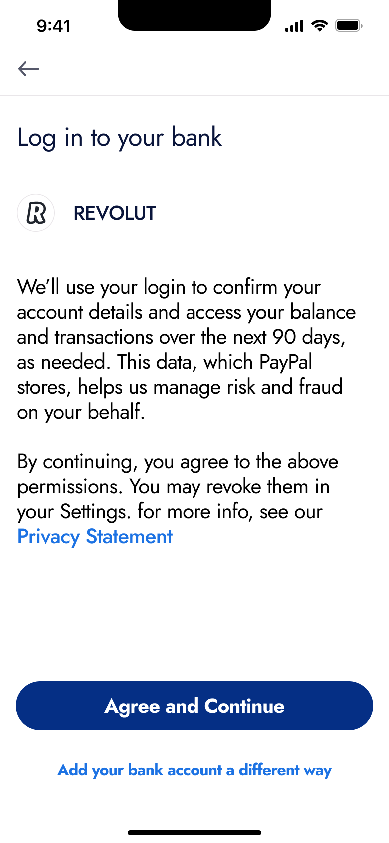 Log in to your bank: data access consent with agree and continue.