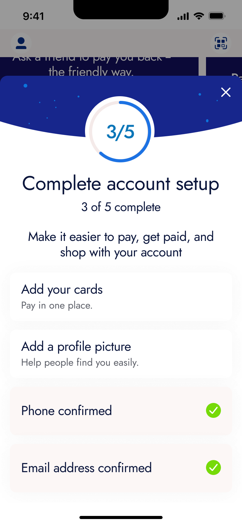 Complete account setup: three of five done.