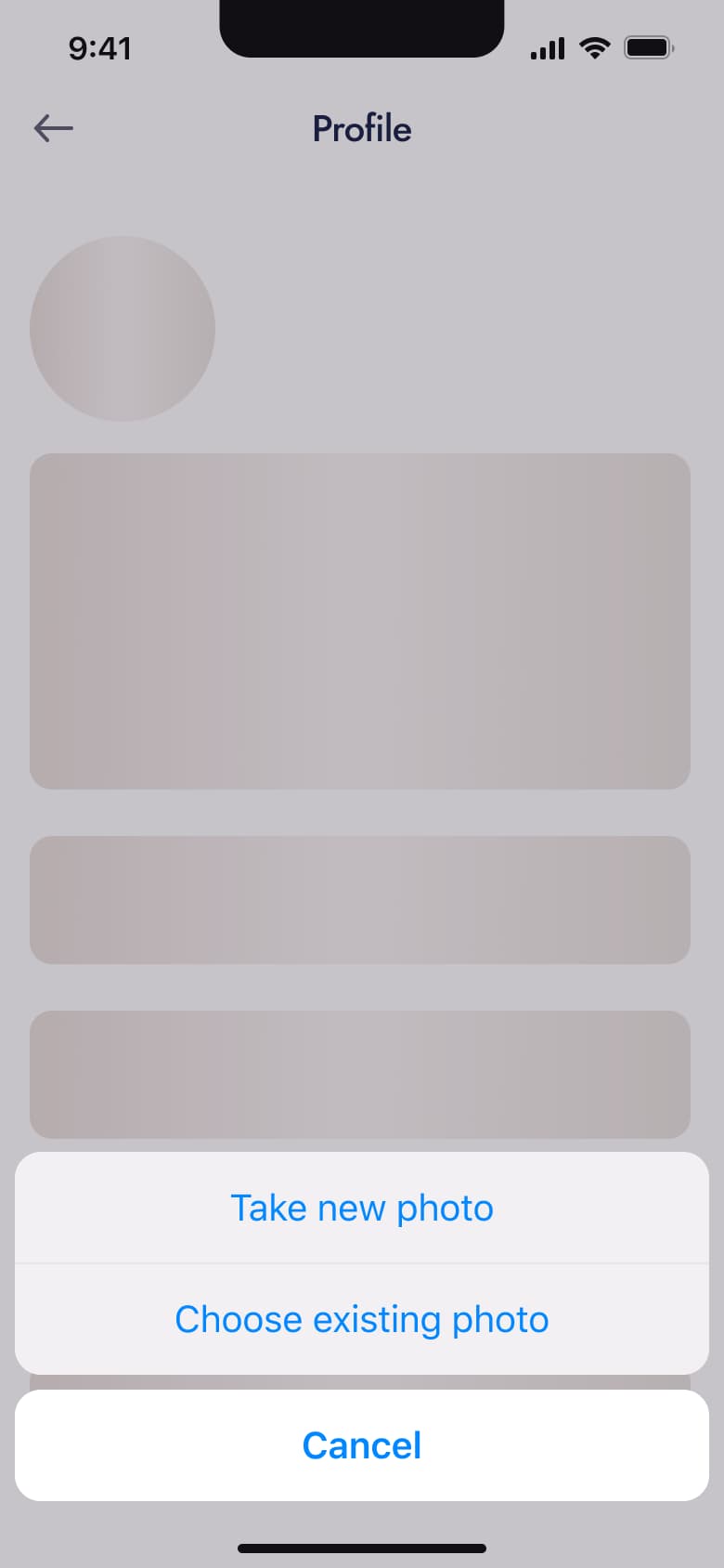 Photo action sheet over loading profile.