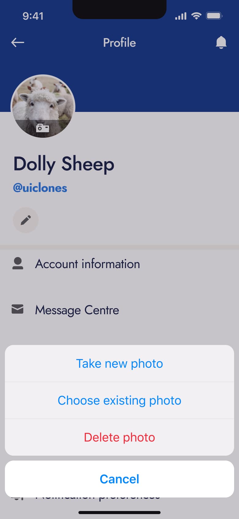 Profile photo action sheet with delete photo option.