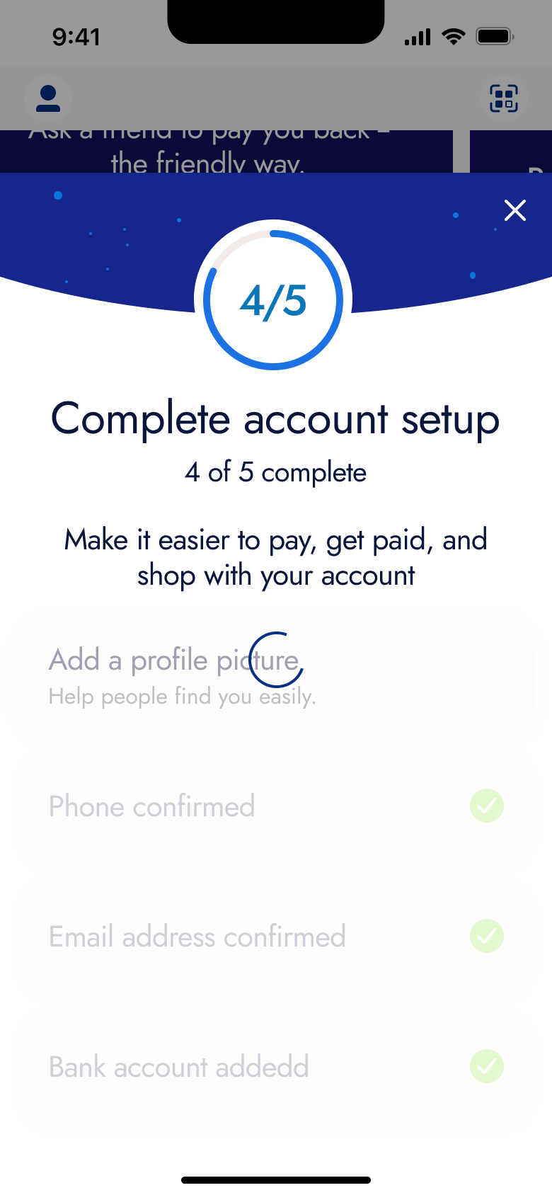 Account setup checklist with profile picture step loading.