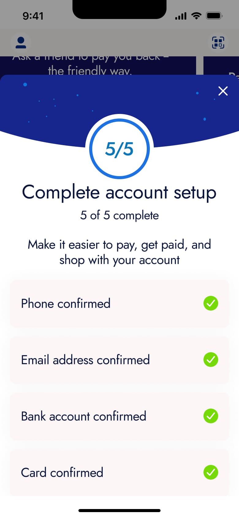 Complete account setup: five of five done.