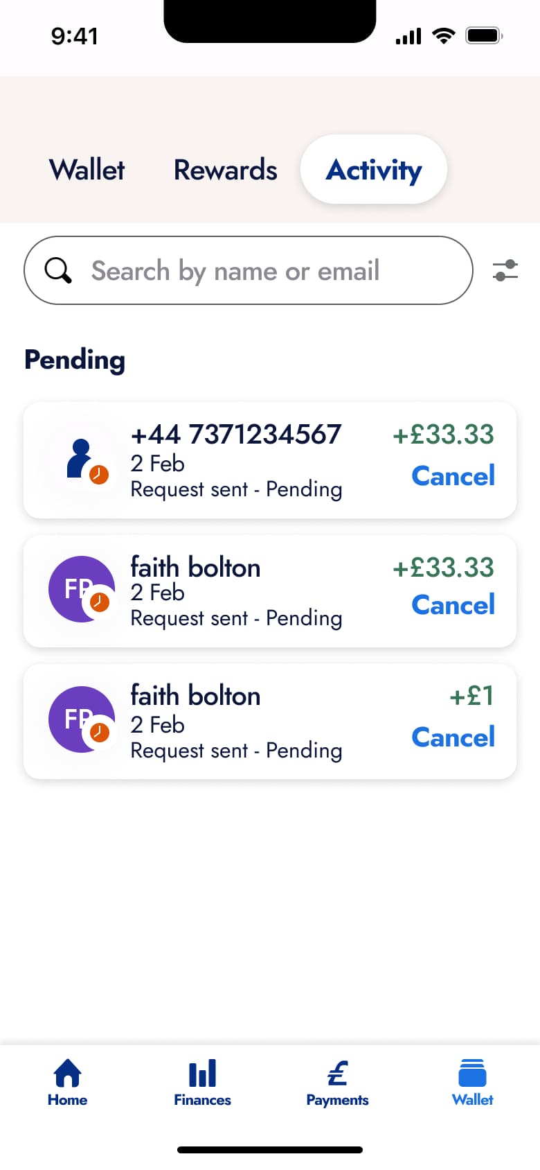 Activity tab: pending requests with cancel buttons.