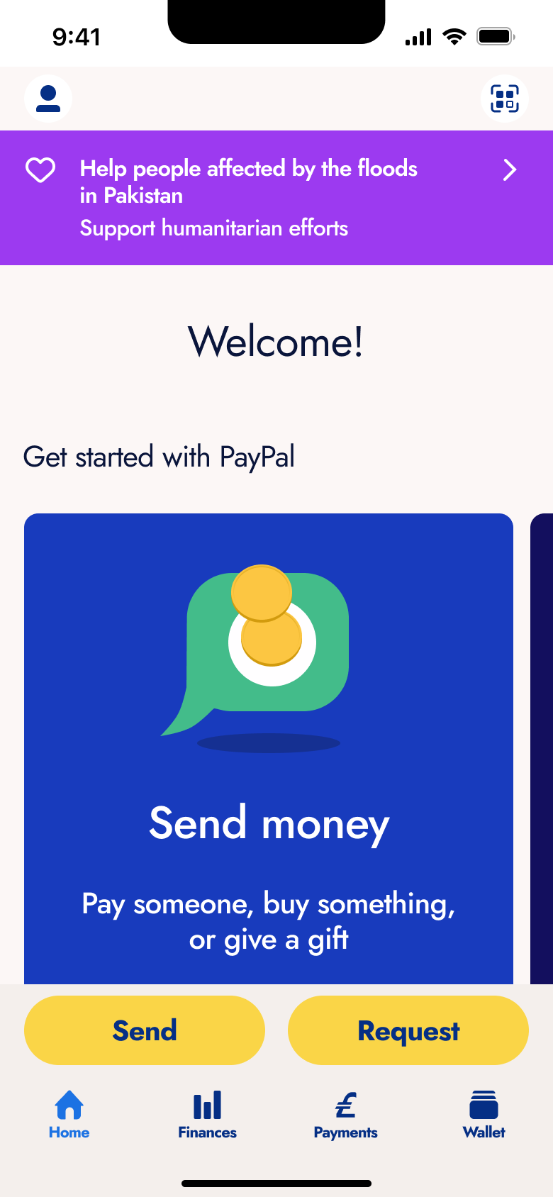 Home welcome: charity banner and send money card with send and request.