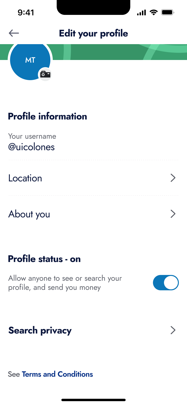Edit your profile: username, location, about you, profile status toggle and search privacy.