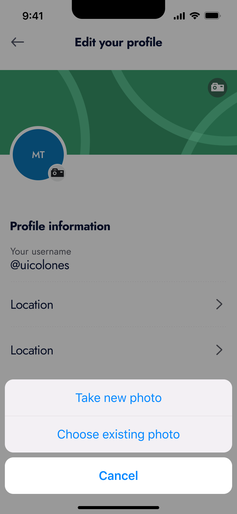 Profile photo action sheet: take new photo or choose existing.
