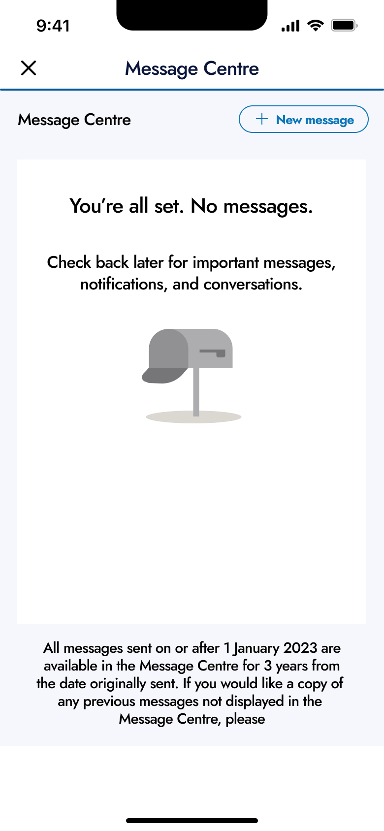 Message centre empty: you're all set, no messages.