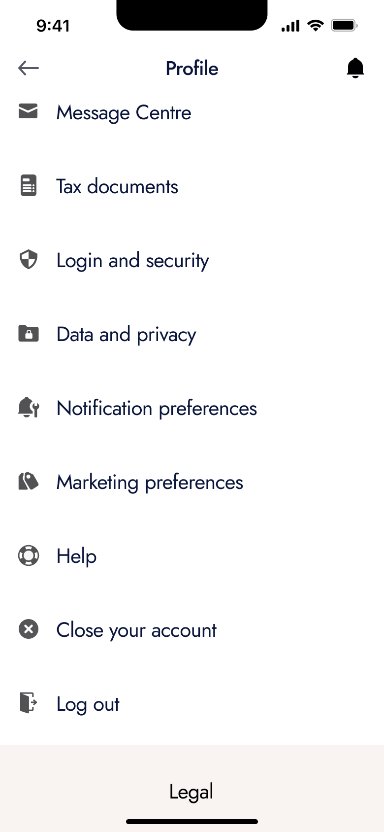 Profile menu: messages, tax documents, security, privacy, notifications, help, close account, log out.