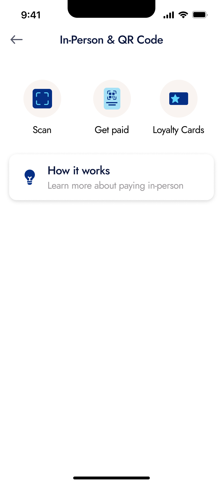 In-person and QR code: scan, get paid, loyalty cards and how it works.