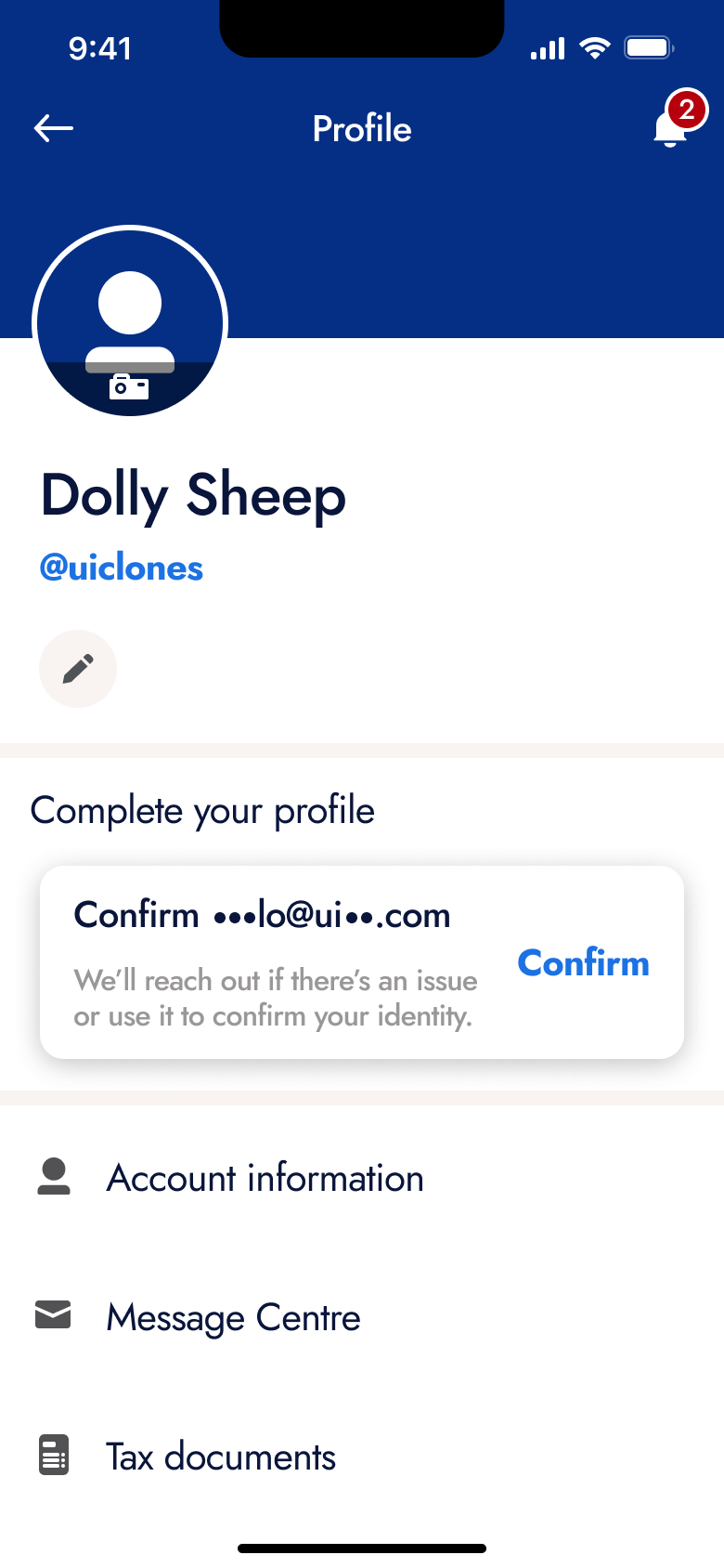 Profile with confirm email card and account information rows.