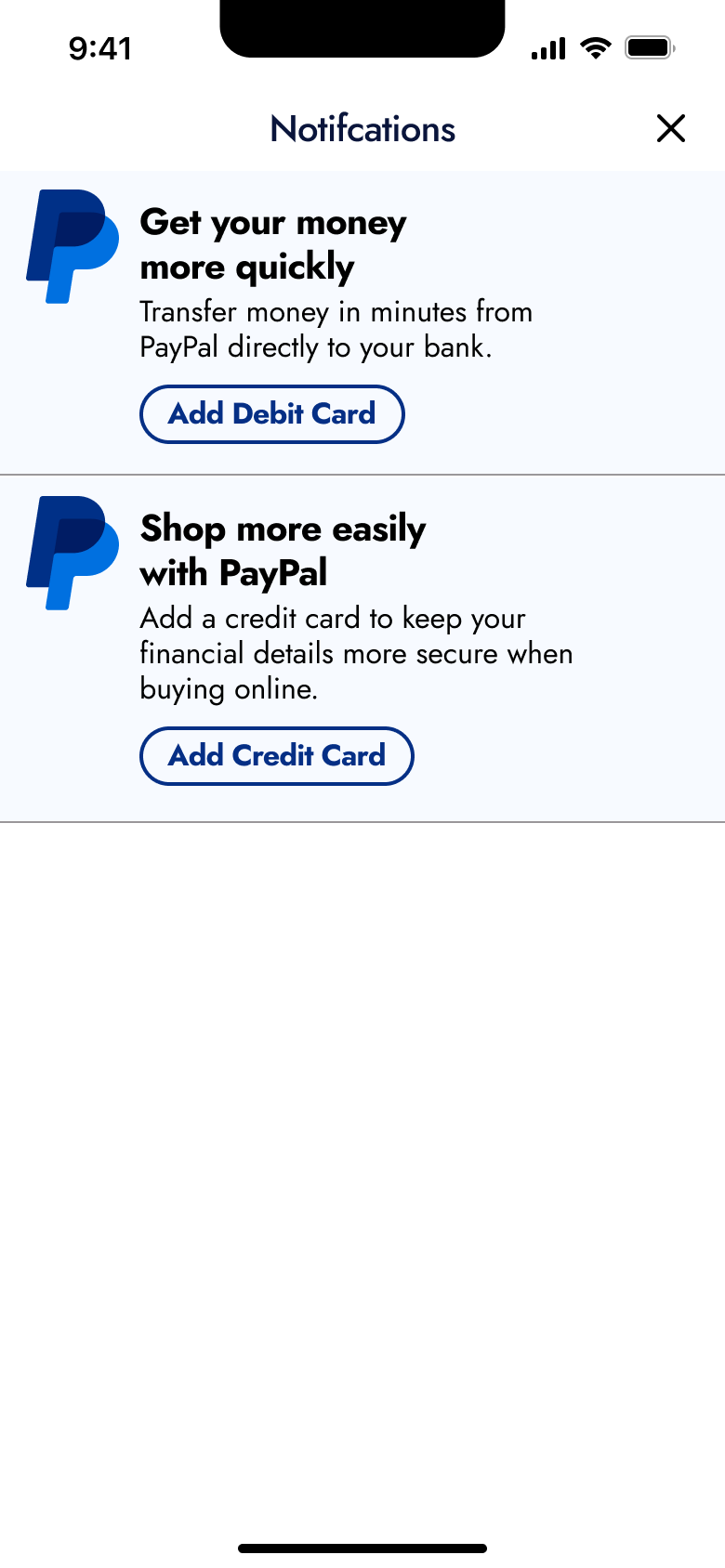 Notifications: add debit card and add credit card promos.