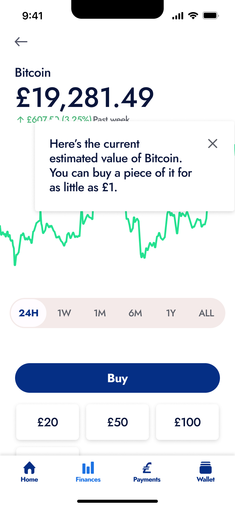 Crypto price tooltip explaining fractional buying.