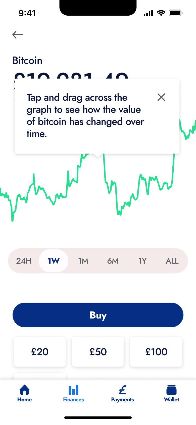 Crypto chart with drag-to-explore tooltip.