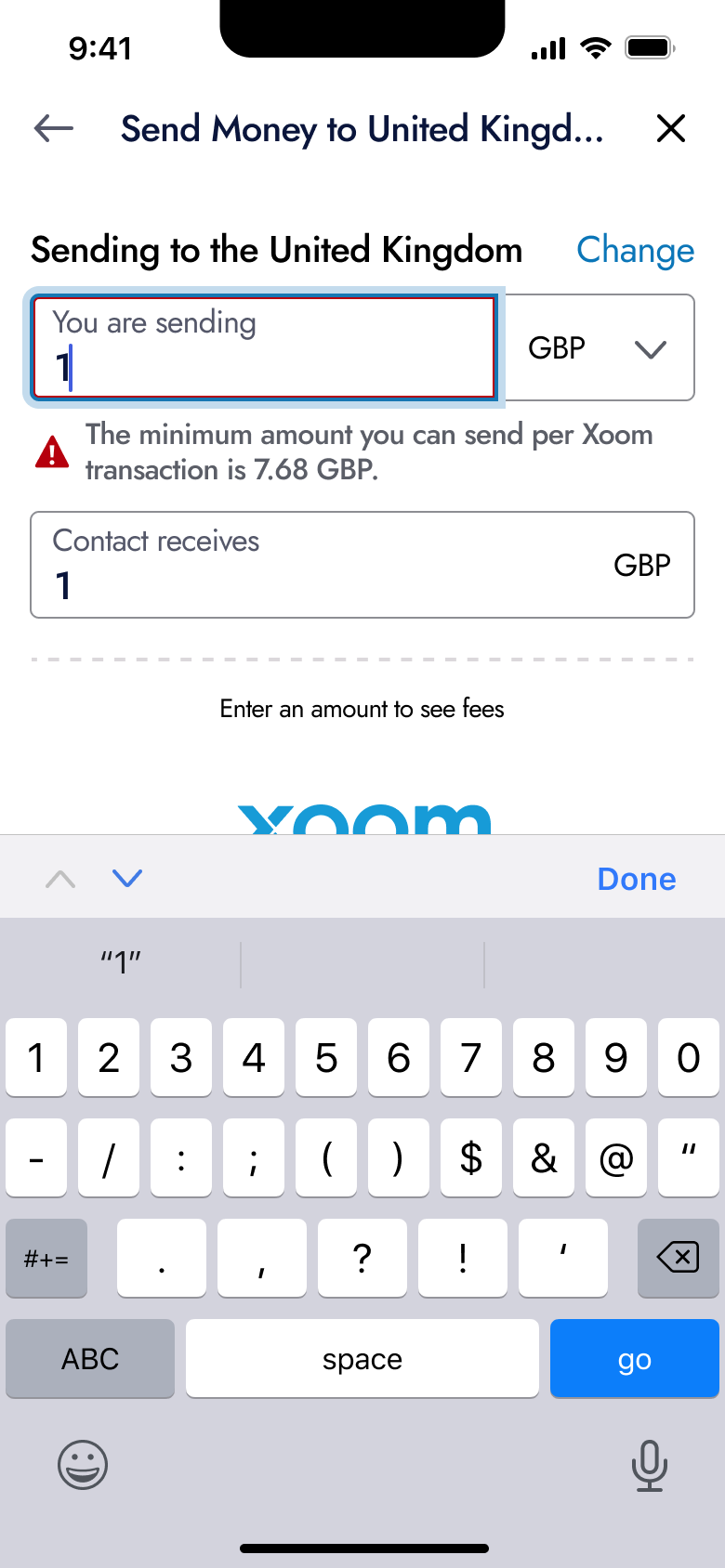 Minimum amount error with field highlighted.