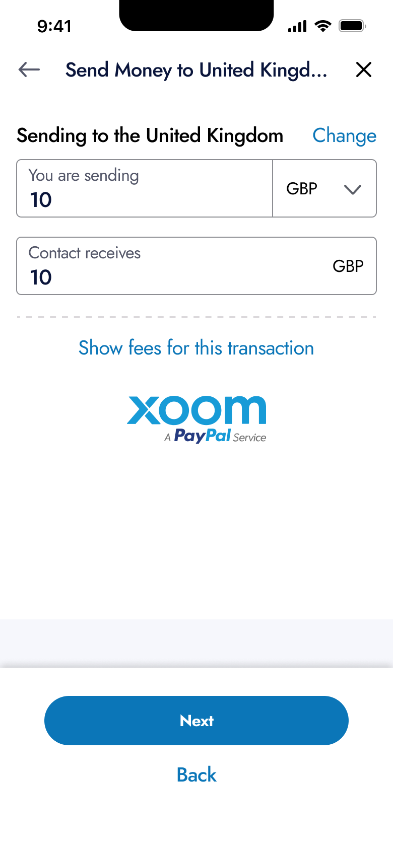 Send money abroad: you send and contact receives amounts with fees link.
