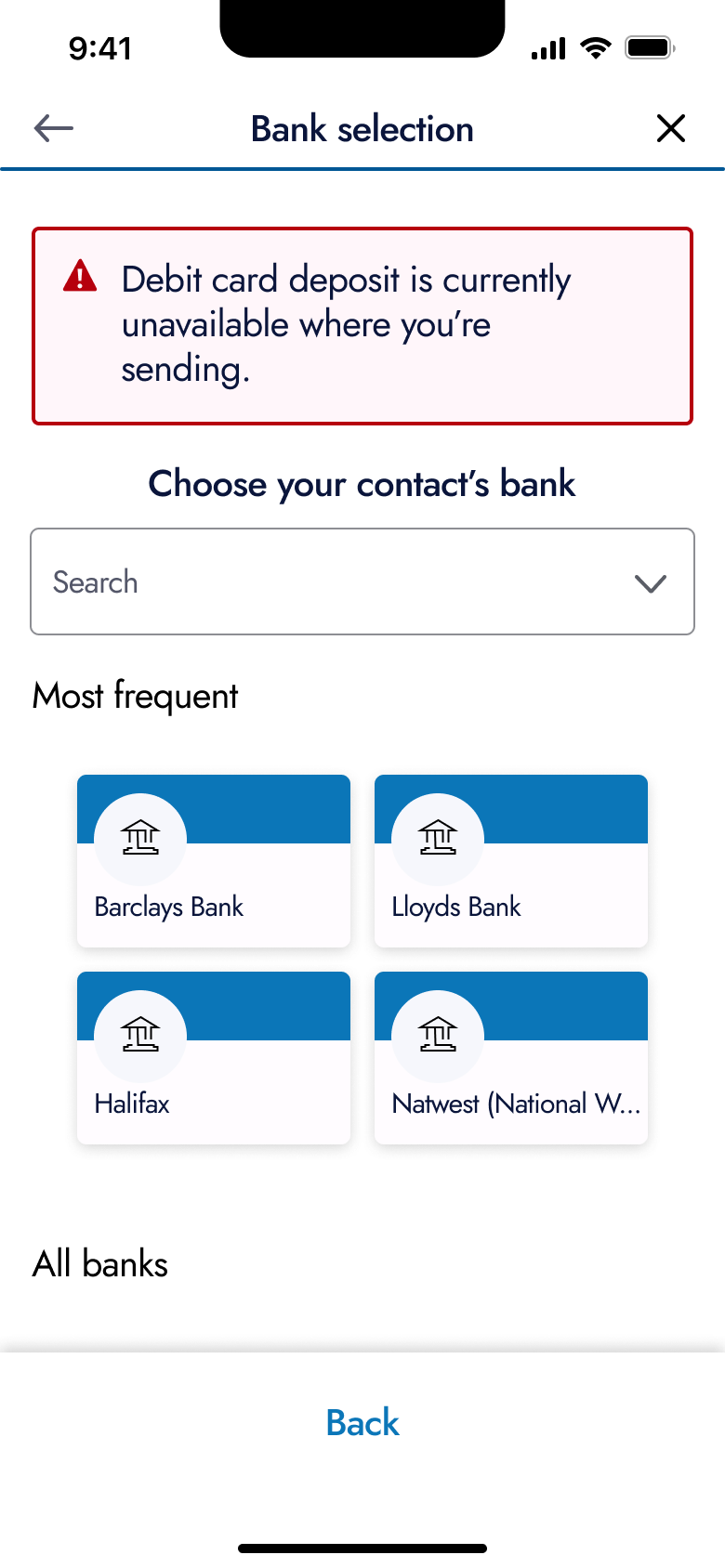 Bank selection with debit card deposit unavailable warning.