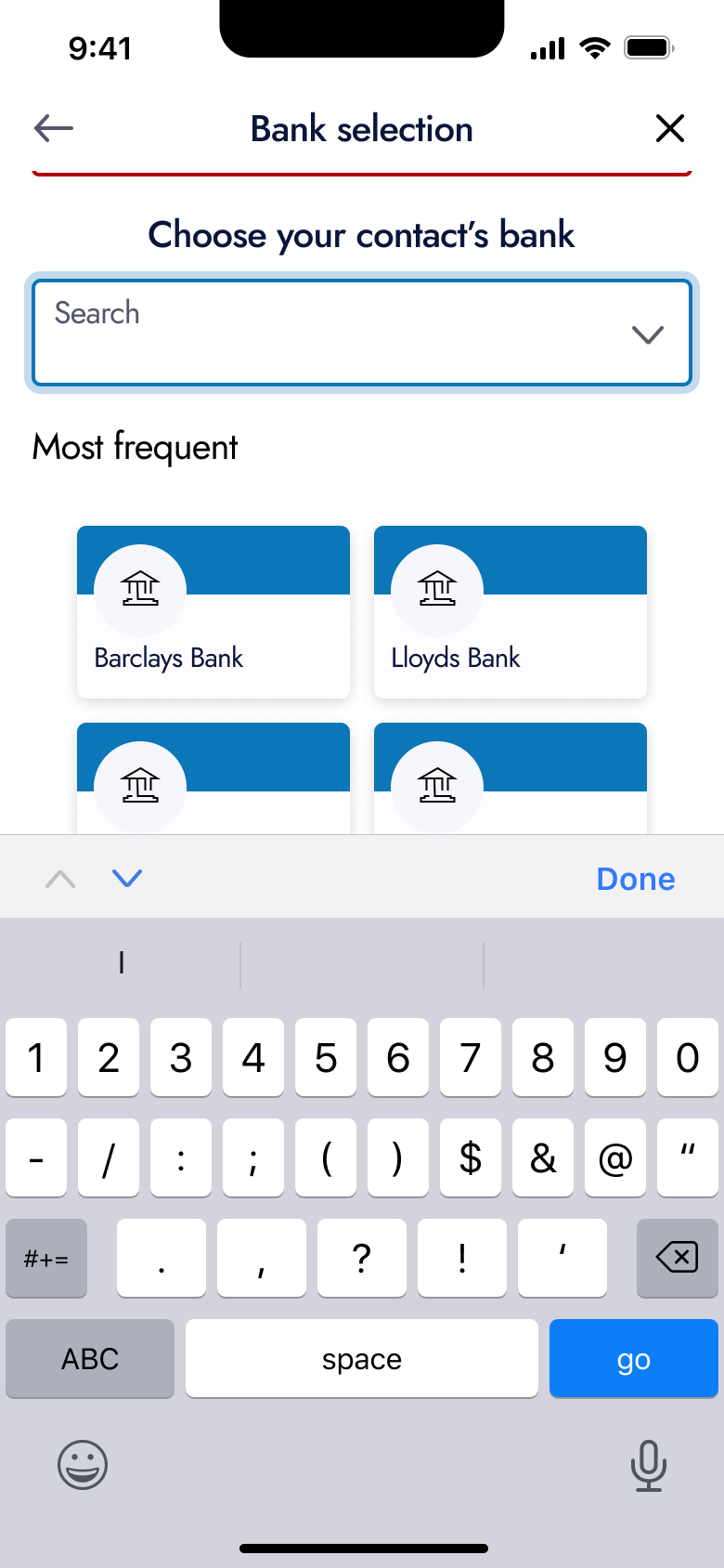 Choose your contact's bank: search and most frequent banks.