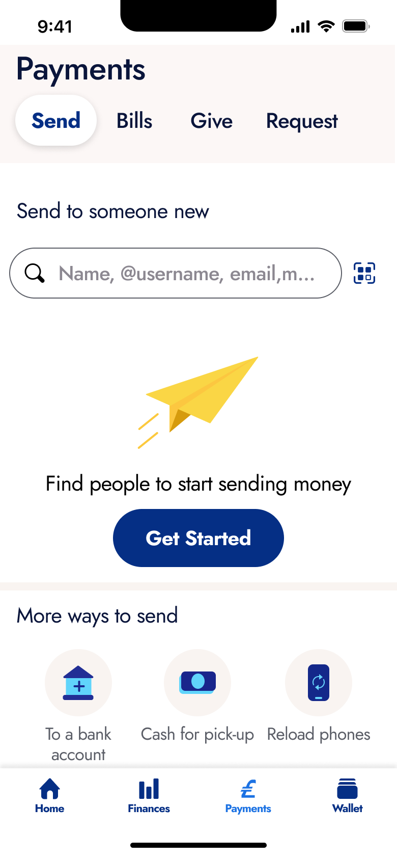 Payments send tab: search people, get started and more ways to send.