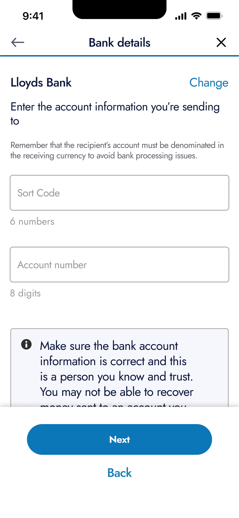 International bank details: sort code and account number with safety note.