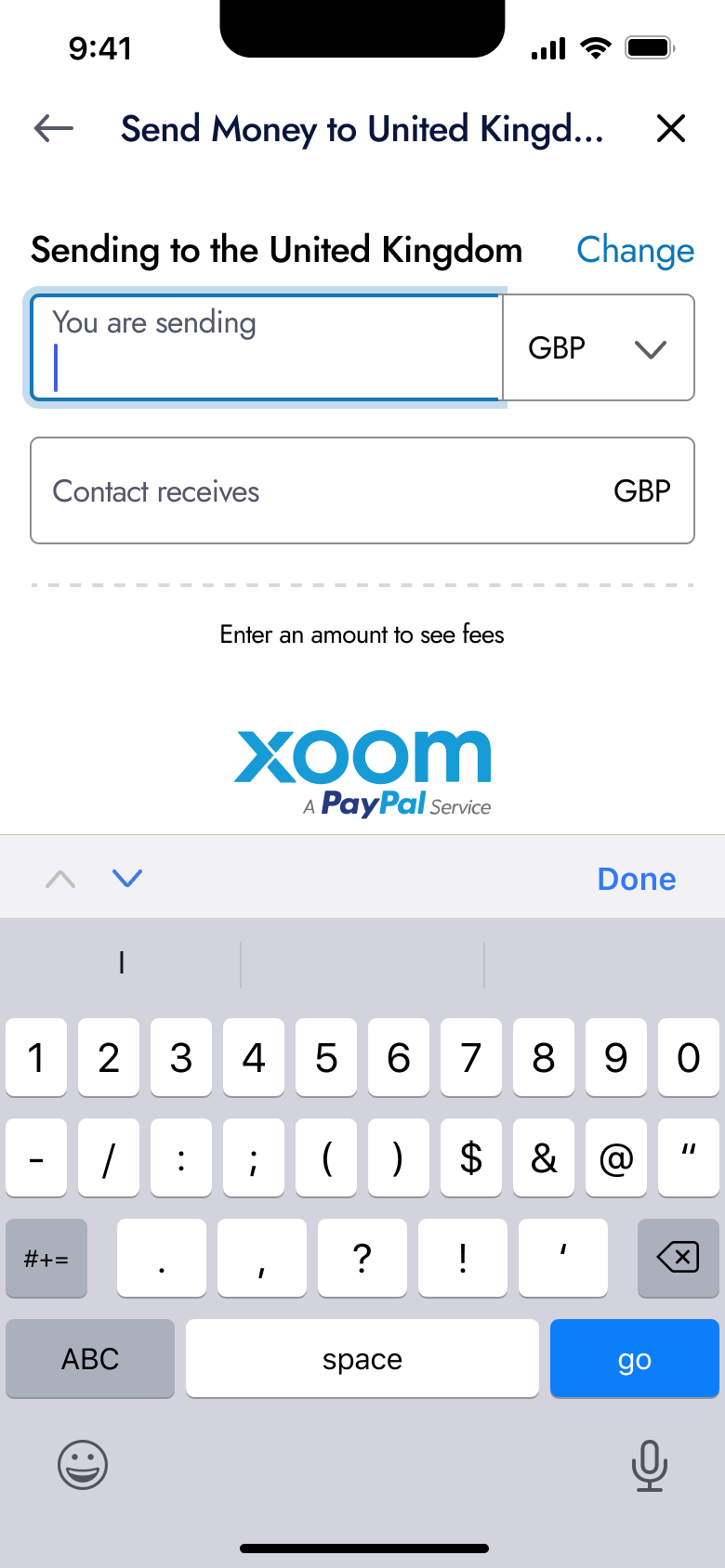 International send amount empty, enter amount to see fees.