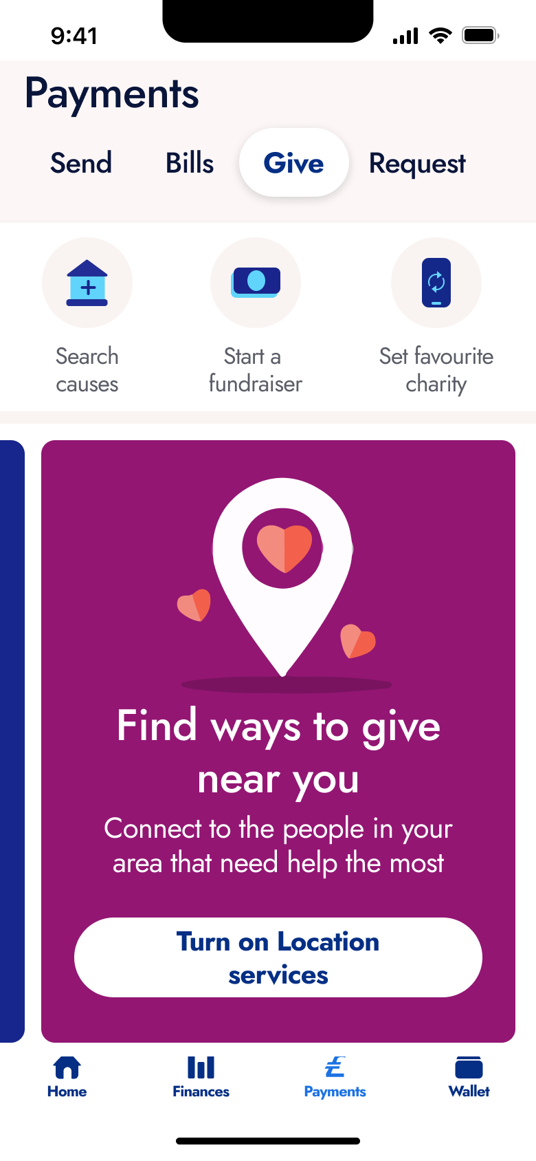 Give tab carousel: find ways to give near you with location services.