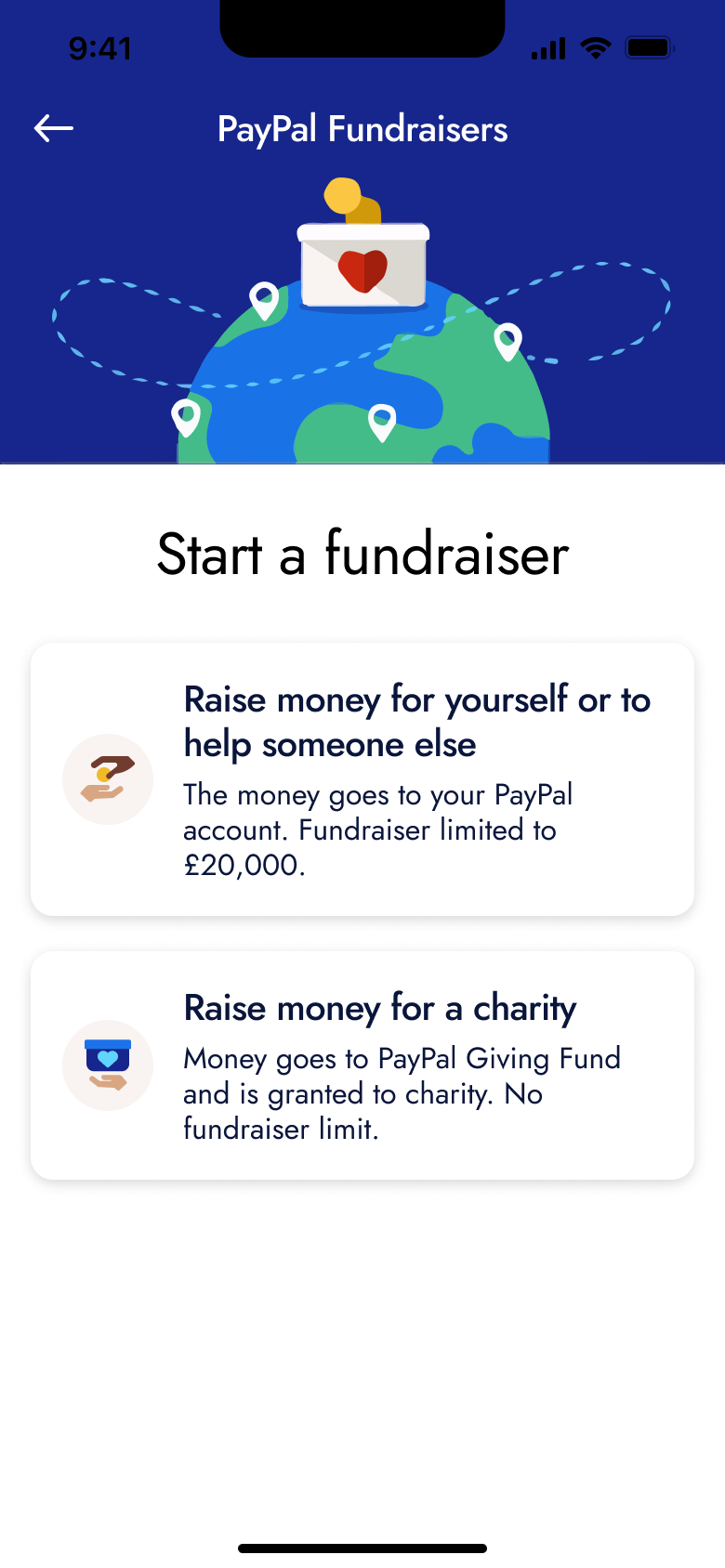 Start a fundraiser: raise for yourself or for a charity.