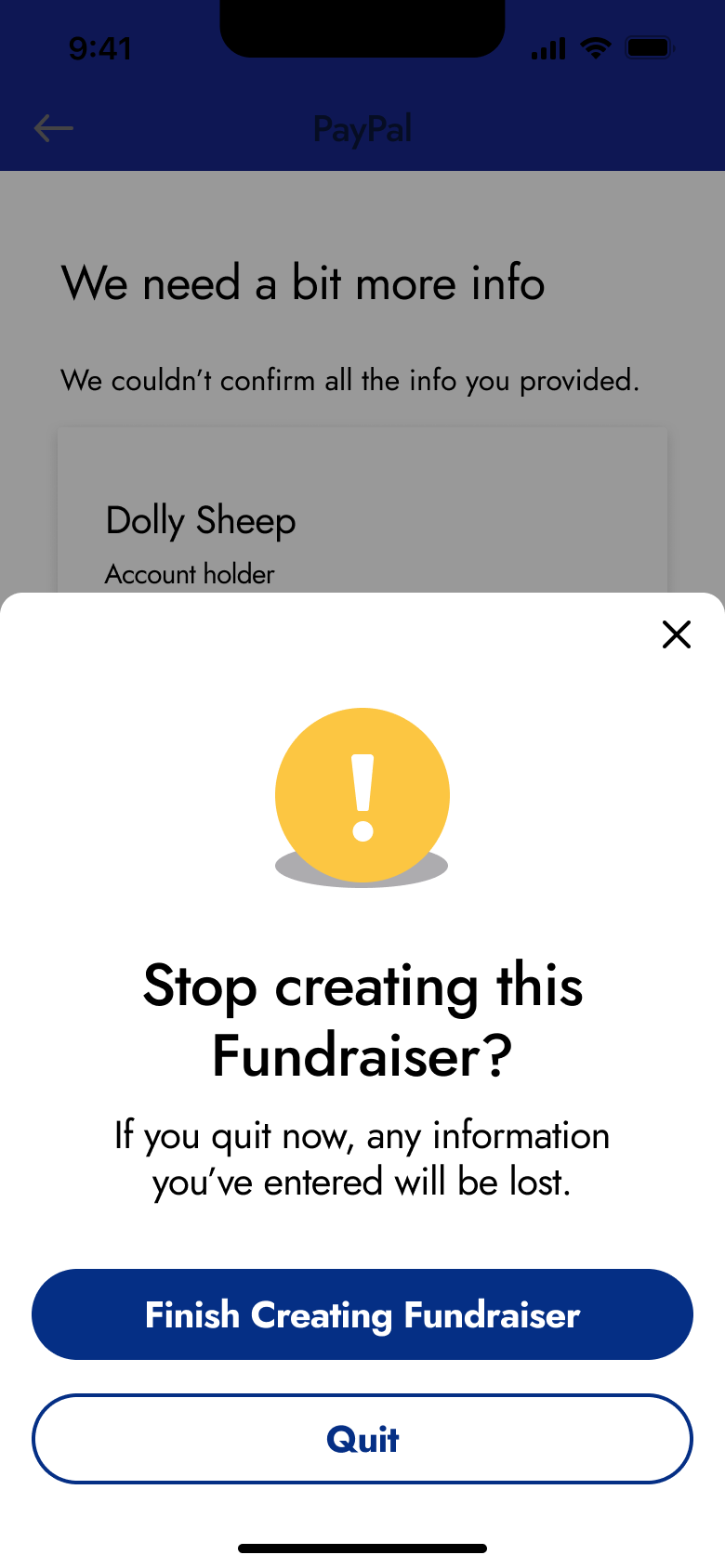 Stop creating this fundraiser sheet: finish or quit.