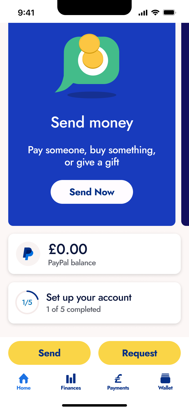 Home with send money card, balance and account setup progress.