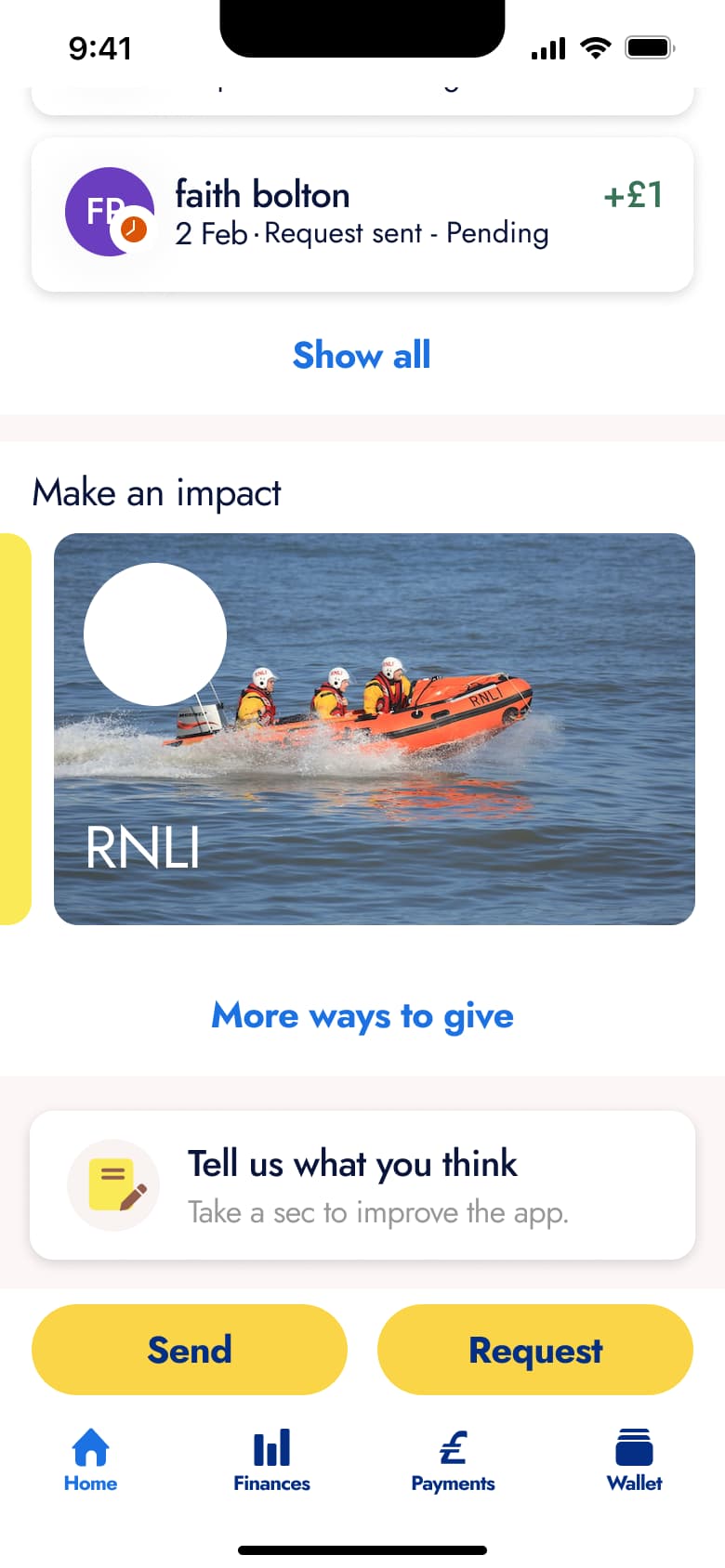 Home scrolled: recent activity, make an impact charity carousel and feedback card.