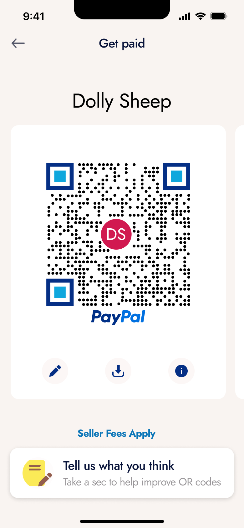 Get paid: personal QR code with edit, download and info.