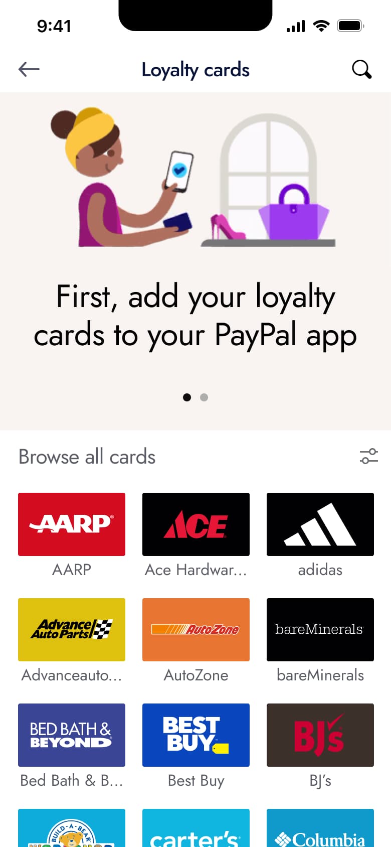 Loyalty cards intro: add your loyalty cards, with store grid.