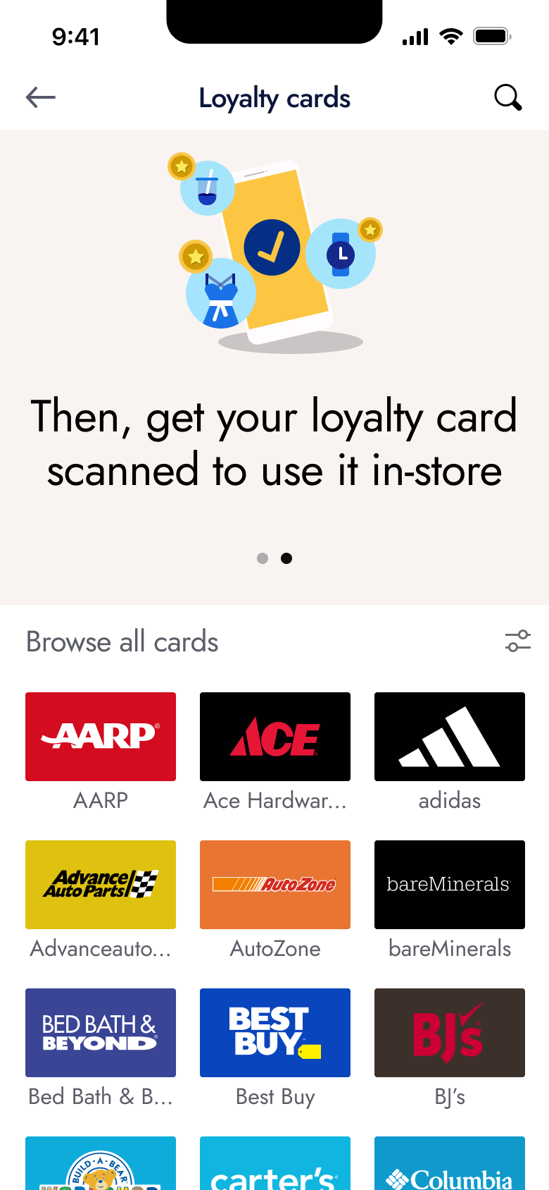 Loyalty cards intro: get your card scanned in-store, with store grid.