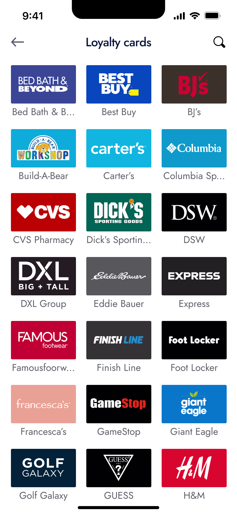 Loyalty cards: grid of store logos.
